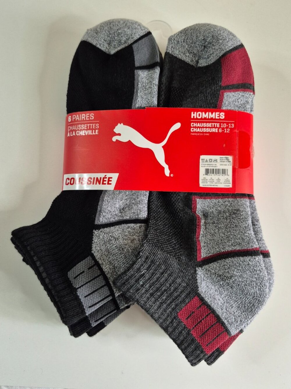 PUMA QTR CREW Socks Mens 6-12 Black 6 Pairs Cushioned Logo Sport, New With Tag